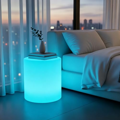 COPU 16 inch LED Cylinder Stool, Rechargeable LED Glowing Chair with Remote